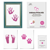 3 Pack Inkless Baby Hand & Footprint + Pet Paw Print Kit with Green Ornate Frame | Pink Keepsake Gift
