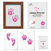 3 Pack Inkless Baby Hand & Footprint + Pet Paw Print Kit with Dark Walnut Frame | Pink Keepsake Gift