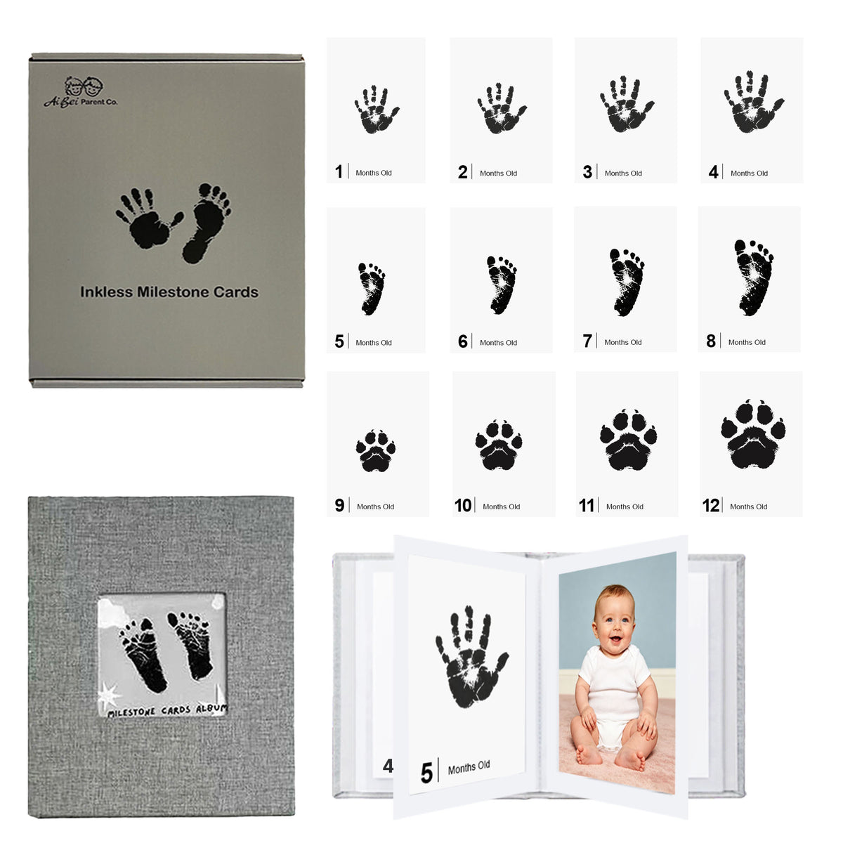 Baby Inkless Milestone Cards 15 Pack – Hand & Footprint Kit with Grey Gift Box & Photo Album | Newborn Keepsake Gift Set