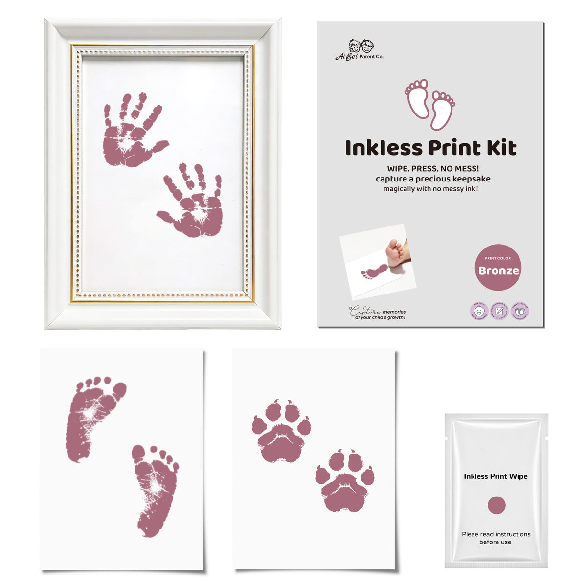 3 Pack Inkless Baby Hand & Footprint + Pet Paw Print Kit with White Beaded Frame | Bronze Keepsake Gift