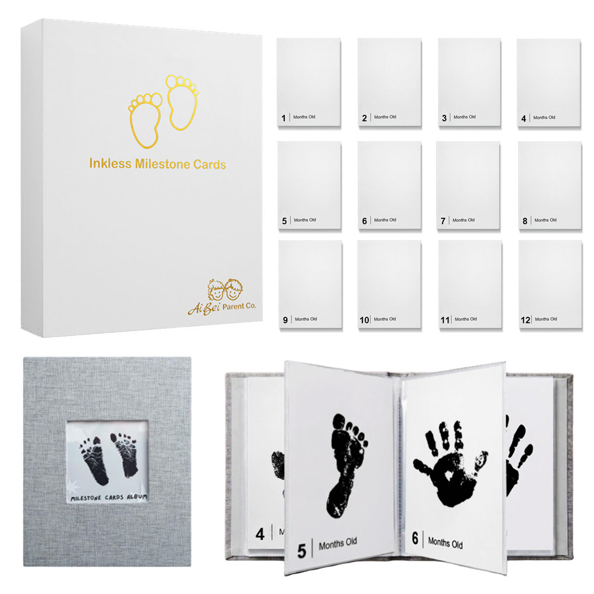 Baby Inkless Milestone Cards 15 Pack – Hand & Footprint Kit with White Gift Box & Photo Album | Newborn Keepsake Gift Set