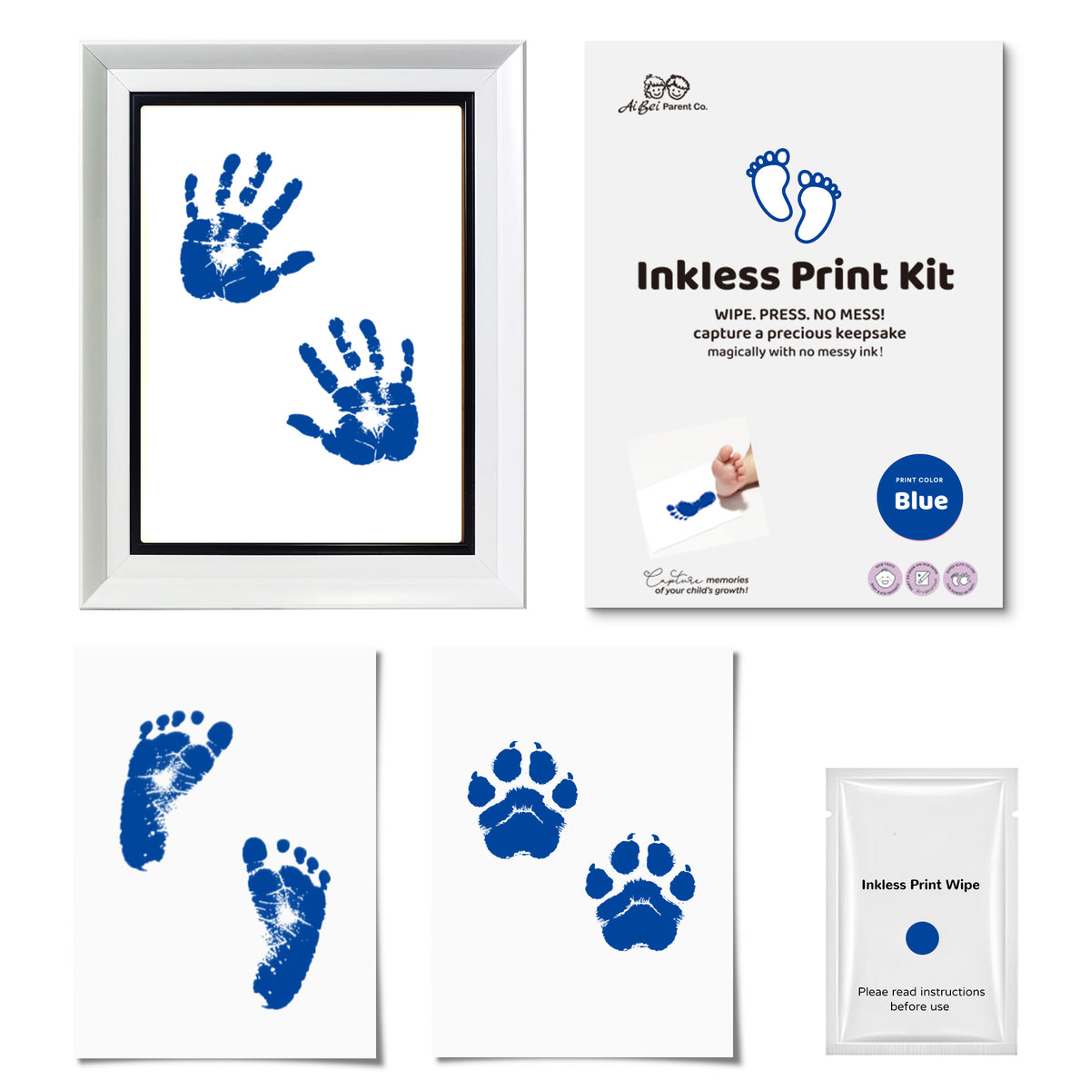 3 Pack Inkless Baby Hand & Footprint + Pet Paw Print Kit with White Frame & Black Mat | Blue Keepsake Gift
