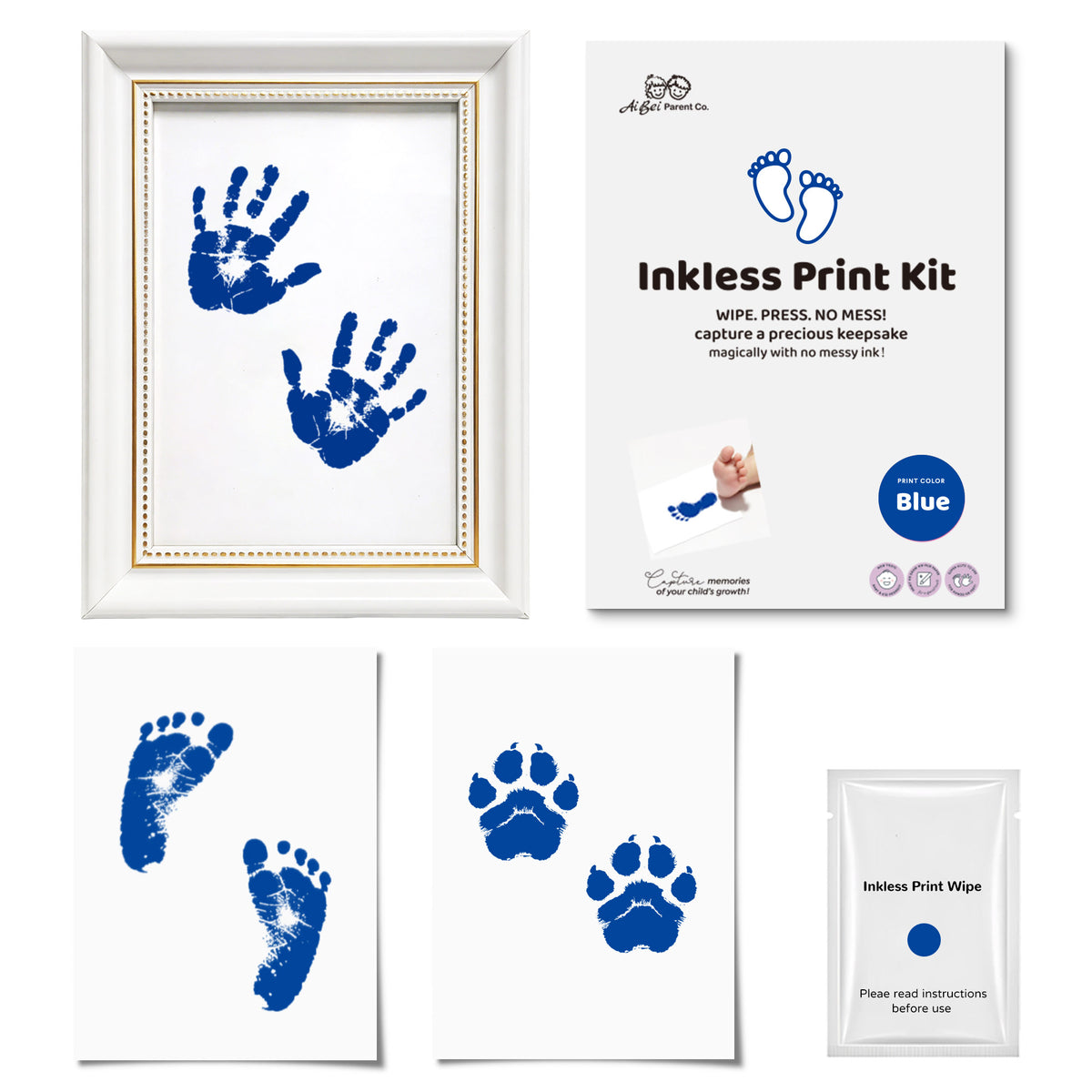 3 Pack Inkless Baby Hand & Footprint + Pet Paw Print Kit with White Beaded Frame | Blue Keepsake Gift