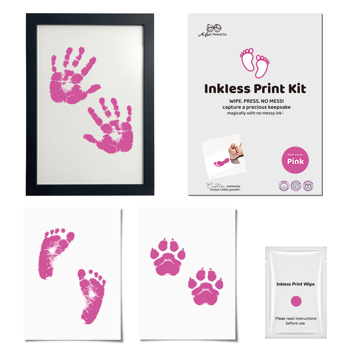 3 Pack Inkless Baby Hand & Footprint + Pet Paw Print Kit with Black Minimalist Frame | Pink Keepsake Gift