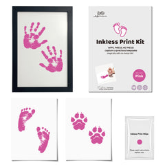 3 Pack Inkless Baby Hand & Footprint + Pet Paw Print Kit with Black Minimalist Frame | Pink Keepsake Gift