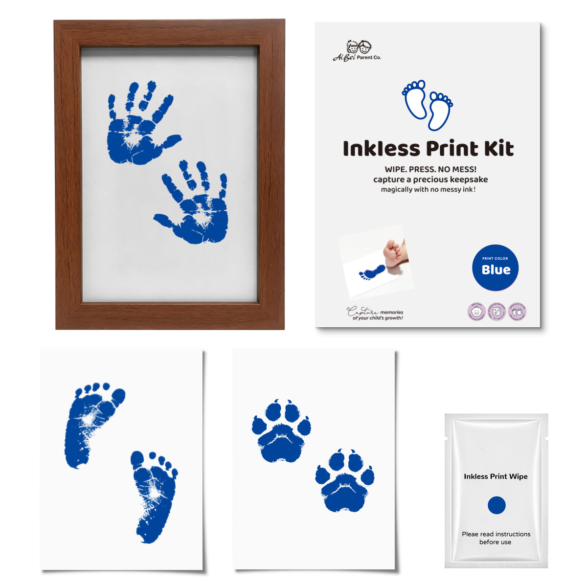 3 Pack Inkless Baby Hand & Footprint + Pet Paw Print Kit with Dark Walnut Frame | Blue Keepsake Gift