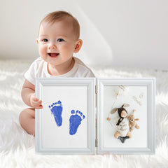 3 Pack Inkless Baby Hand & Footprint Kit with White Folding Dual Frame | Photo & Print Newborn Keepsake Gift (Blue)