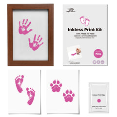 3 Pack Inkless Baby Hand & Footprint + Pet Paw Print Kit with Dark Walnut Frame | Pink Keepsake Gift